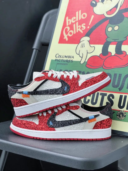 [Custom Black&Red - Full Diamond] Jordan Air Jordan 1 Low Top Men's Skateboarding Shoes