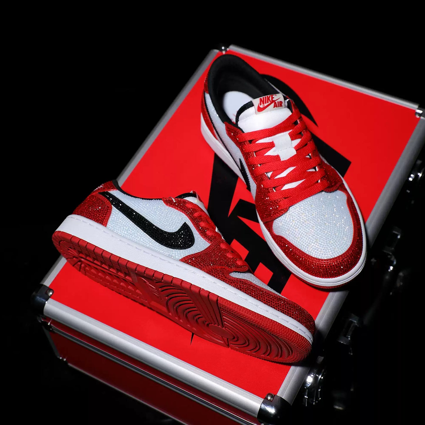 [Custom Red and White Full Diamond] Air Jordan 1 Chicago Low - Top Skateboarding Shoes Unisex