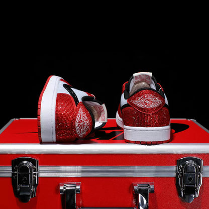 [Custom Red and White Full Diamond] Air Jordan 1 Chicago Low - Top Skateboarding Shoes Unisex